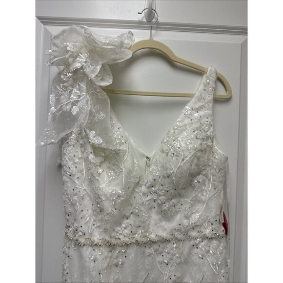 MAC DUGGAL Size 12 White Floral Embellished V-Neck Cocktail MIDI Dress Wedding - Picture 5 of 11